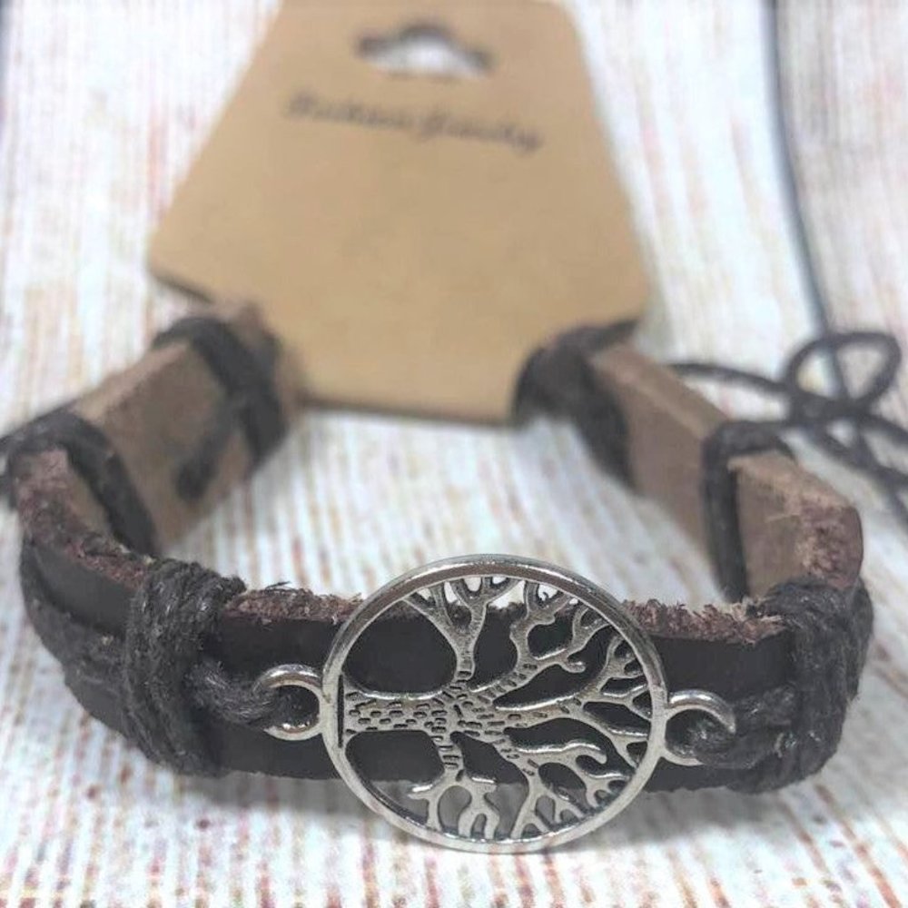 Unisex Genuine Dark Brown Leather Urban Bracelet with Silver Tree of Life